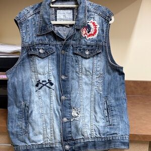 Vintage Smoke Rise NY Distressed‎ Denim Vest with Embroidered Patches SZ Large